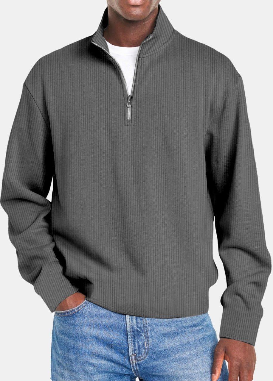 Charcoal gray ribbed quarter-zip pullover