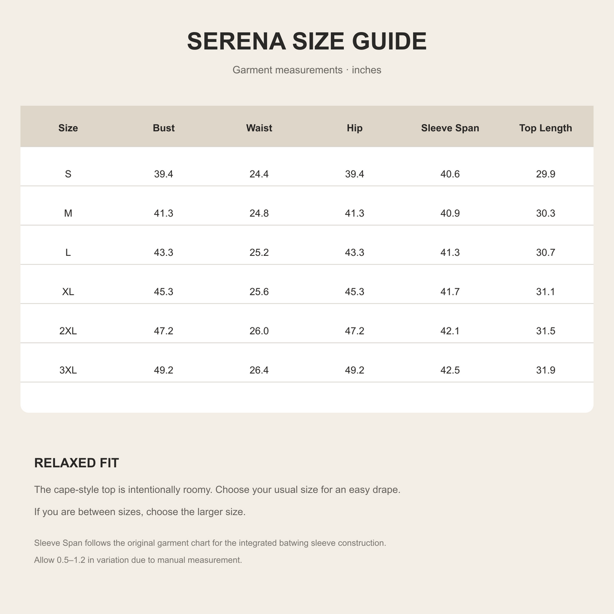 Serena US size guide in inches
