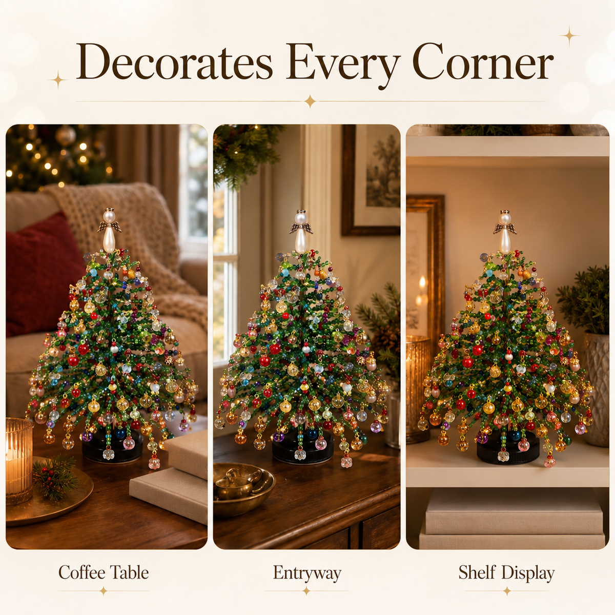DIY beaded Christmas tree displayed in three home settings