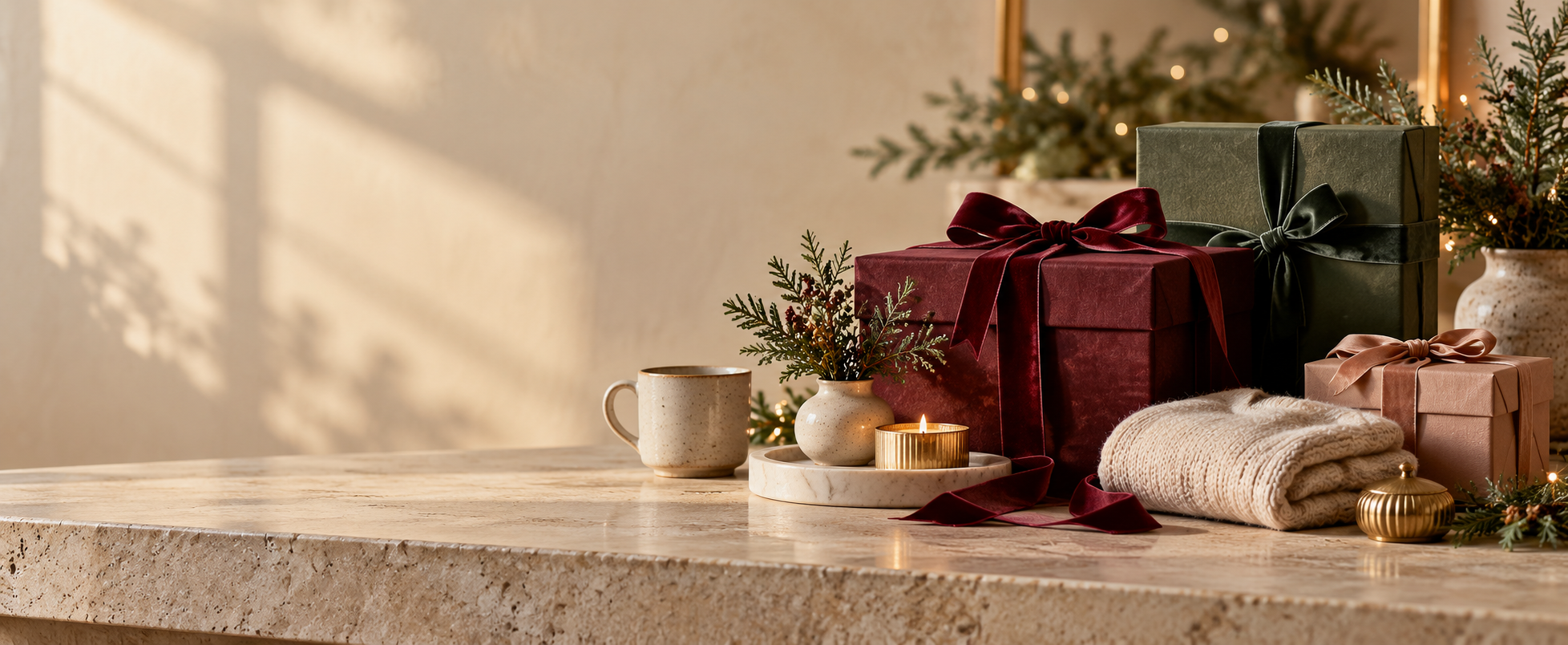 Christmas gifts arranged in a warm Yeesley interior